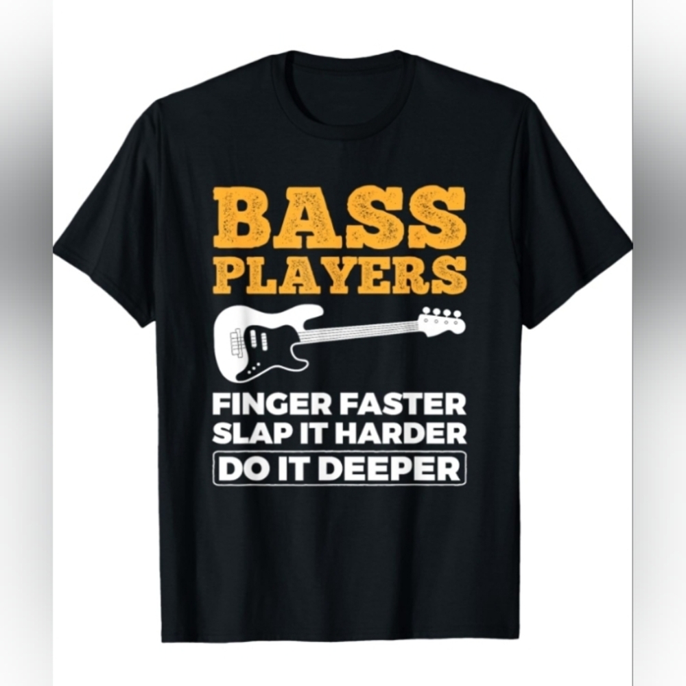 Bass Players Finger Faster Mens 2XL Black Graphic Tee Funny Bassist Guitar Shirt
